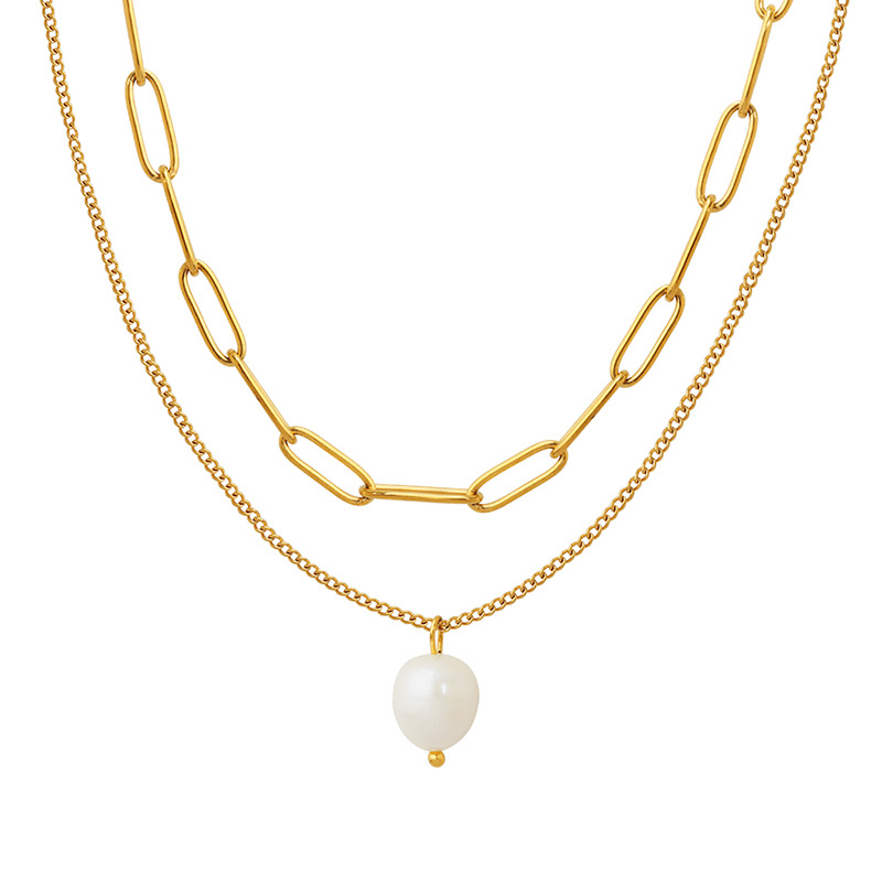 European Ins Trendy Minimalist Freshwater Pearl Pendant Multi-Layered Necklace 18K PVD Gold Plated Choker Necklace for Women