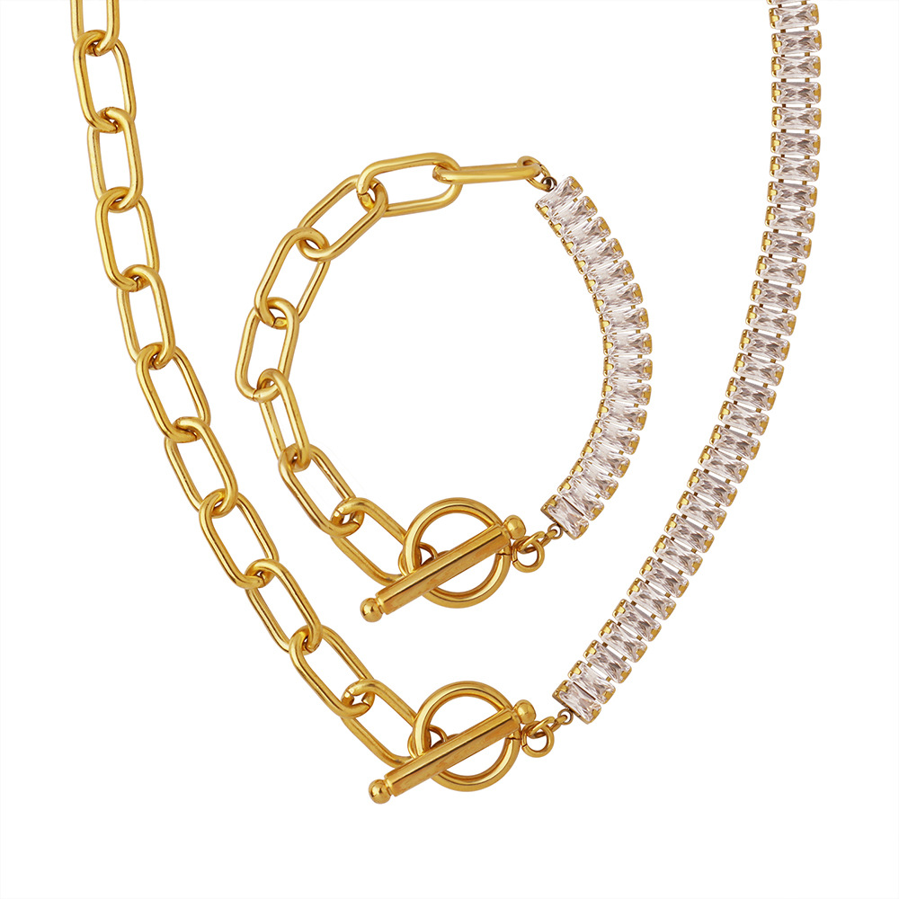 European Minimalist Trendy Bold Chain OT Buckle Zircon Necklace Hip-Hop Non-Fading Bracelet Jewelry Set