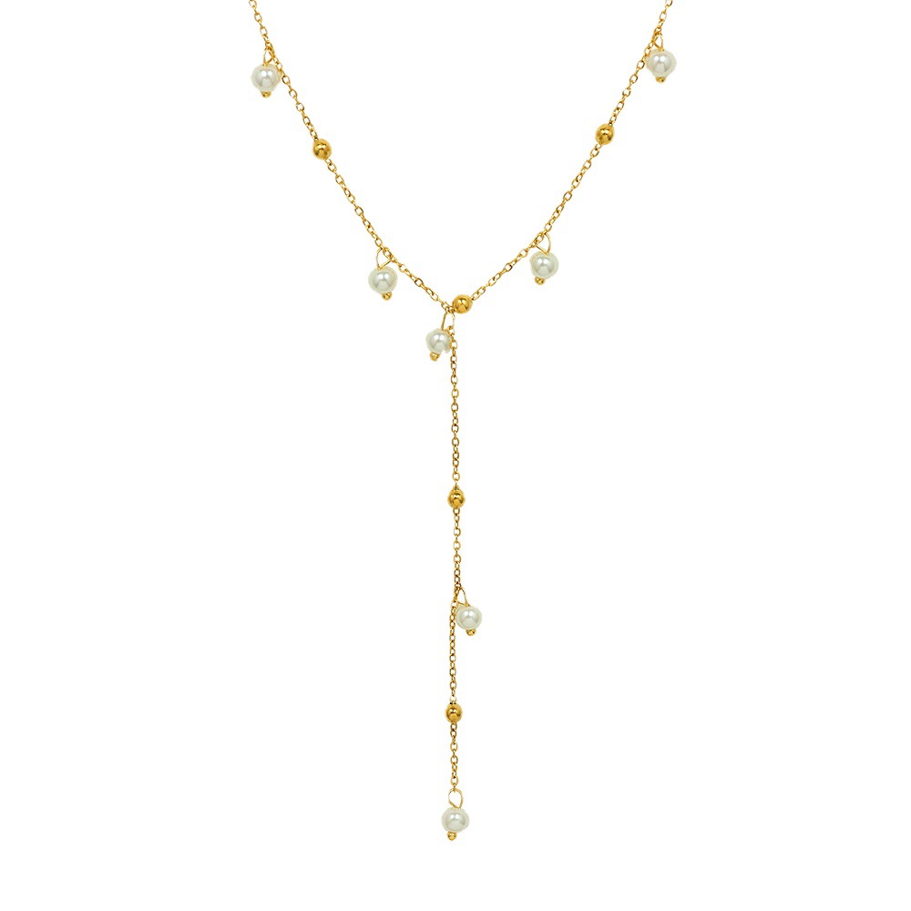 French Style Imitation Baroque Pearl Necklace 18K PVD Gold Plated Y-Shape Pendant Tassel Necklace