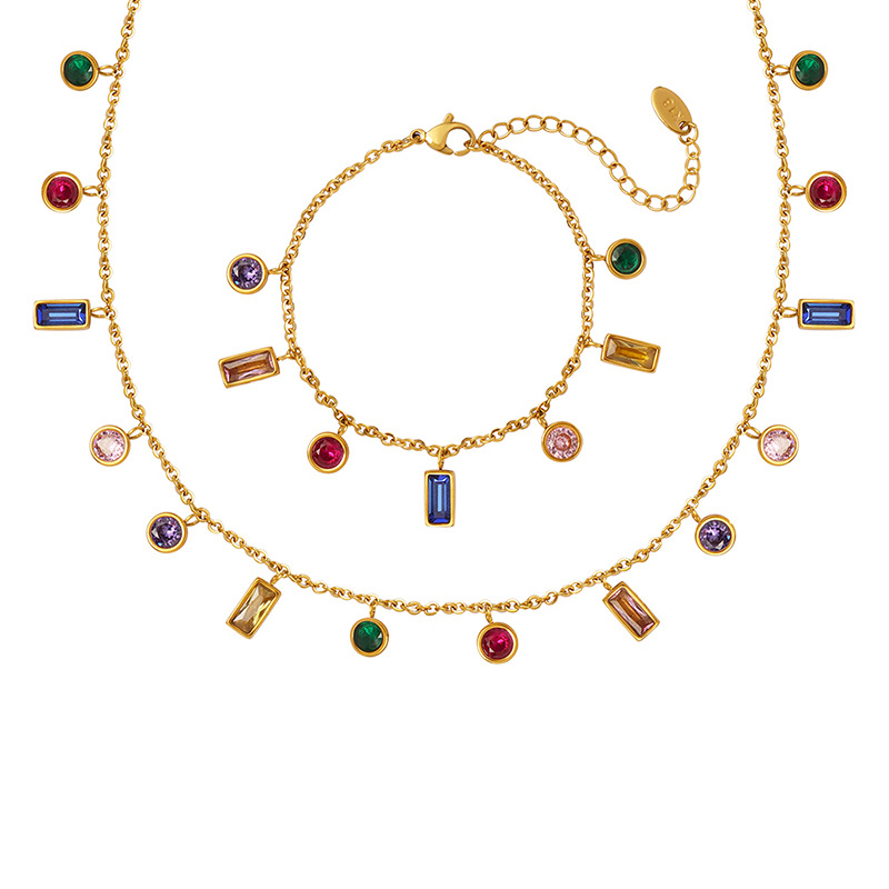 Non-Fading Ins Style Multi-Colored Zircon Jewelry Set with Tassel Necklace 18K PVD Gold Plated Bracelet