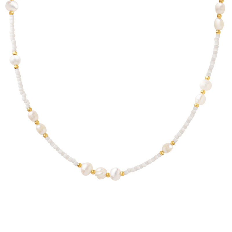Delicate Aesthetic Non-Fading French Vintage Glass Bead Freshwater Pearl Pendant Necklace 18K PVD Gold Plated Beaded Jewelry