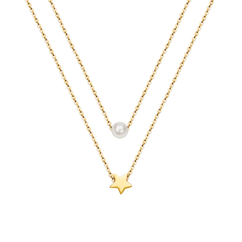 European Ins Style Jewelry Star Pendant Imitation Pearl Double-Layered Necklace 18K PVD Gold Plated Choker for Women