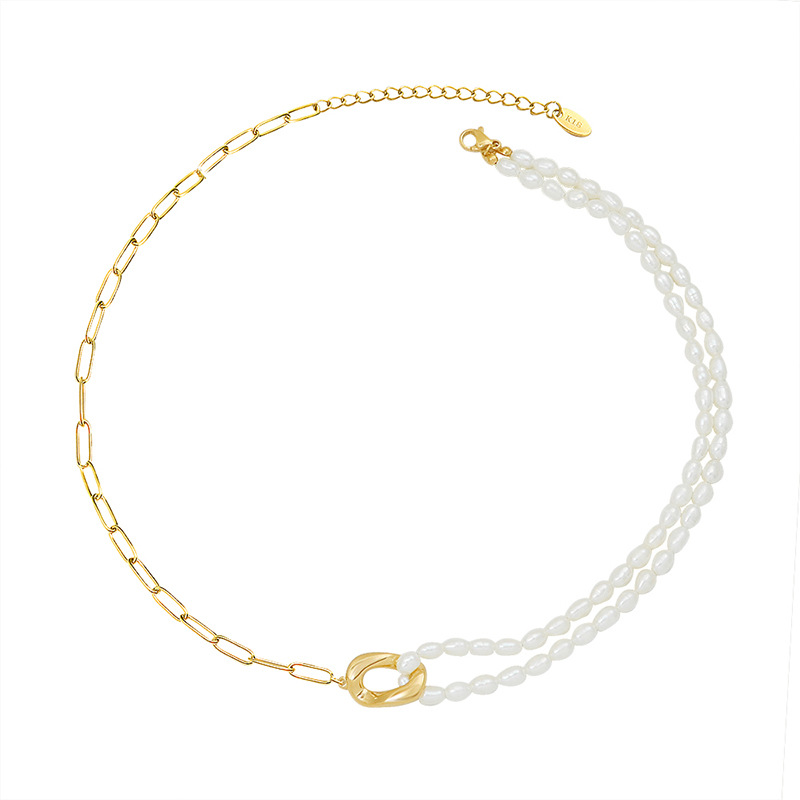 European Simple Freshwater Pearl Splicing Necklace 18K PVD Gold Plated Cold Minimalist Style Non-Fading Necklace