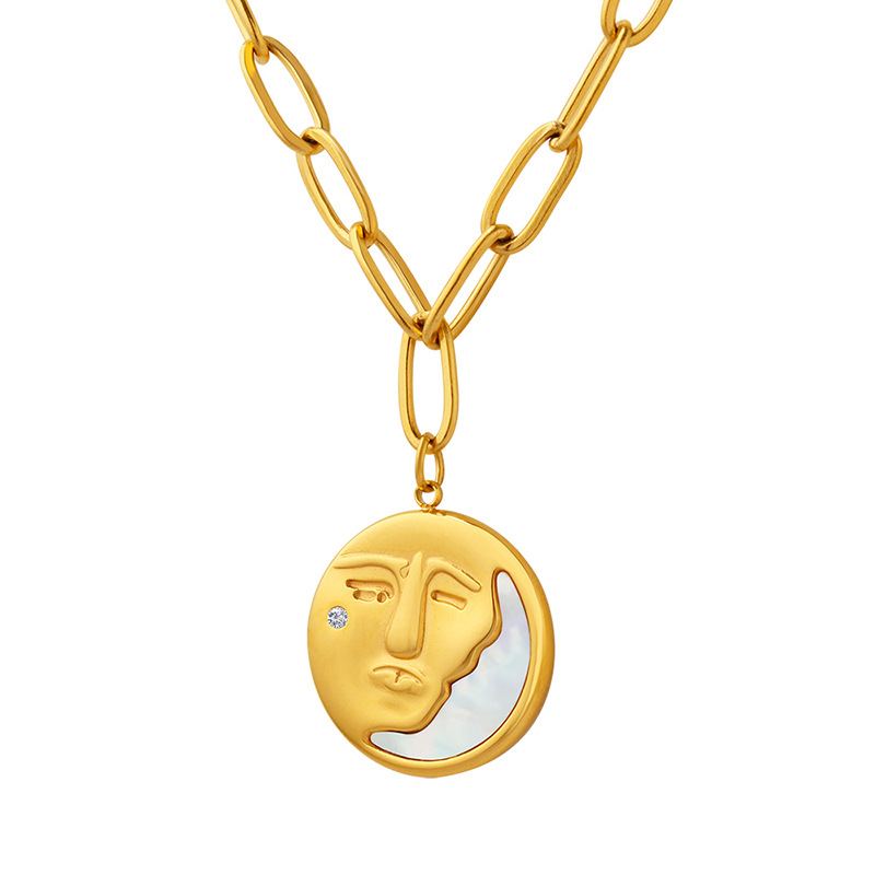 Hot Sale European Ins Unique Design Creative Portrait Half Face Moon Zircon Inlaid White Mother-of-Pearl Necklace
