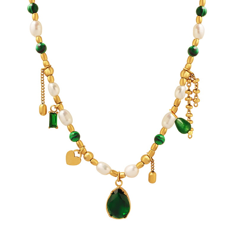 European Court Style Non-Fading Elegant Freshwater Pearl Zircon Turquoise Stone Pendant Necklace 18K PVD Gold Plated Jewelry
