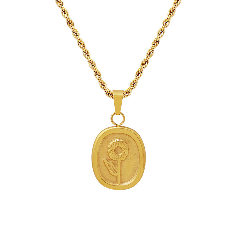 Rose Flower Square Plaque Chain Twisted Long Necklace Titanium Steel 18K PVD Gold Plated Unisex French Aesthetic Jewelry