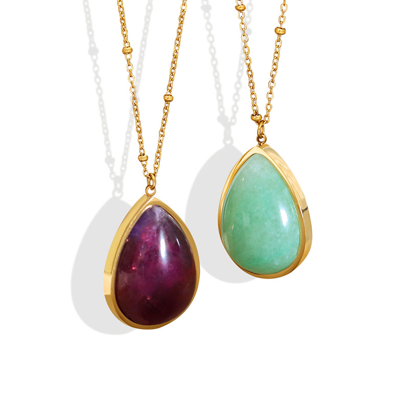 Korean Style Natural Stone Water Drop Oval Pendant Choker Necklace 18K PVD Gold Plated Titanium Steel Jewelry Wholesale