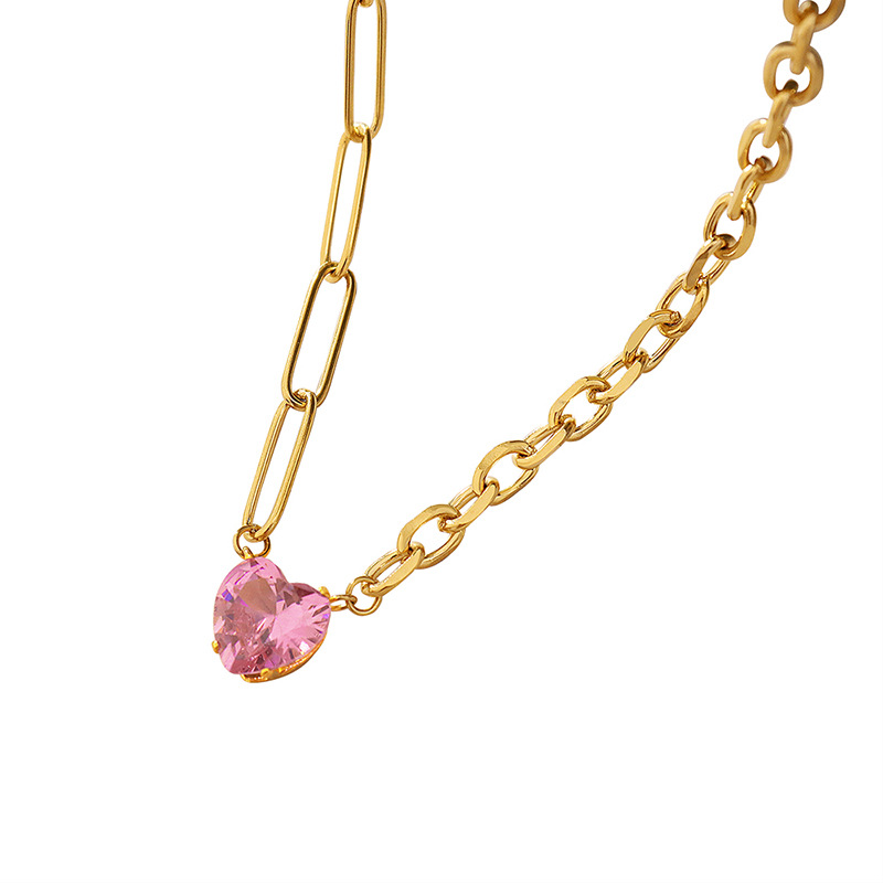 Korean New Trend Sweet Girl Pink Zircon Heart Pendant Necklace Fashionable Design Choker Necklace for Women