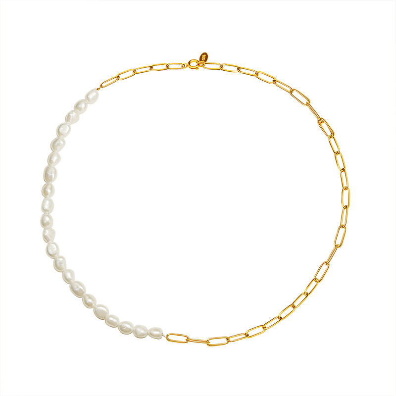 French Fashionable Versatile Choker Necklace Freshwater Pearl Splicing 18K PVD Gold Plated for Women