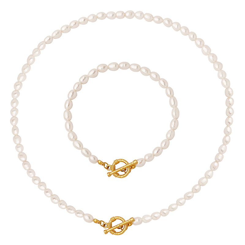 French Non-Fading Vintage Ins Style OT Clasp Baroque Freshwater Pearl Necklace Bracelet Set 18K PVD Gold Plated Jewelry