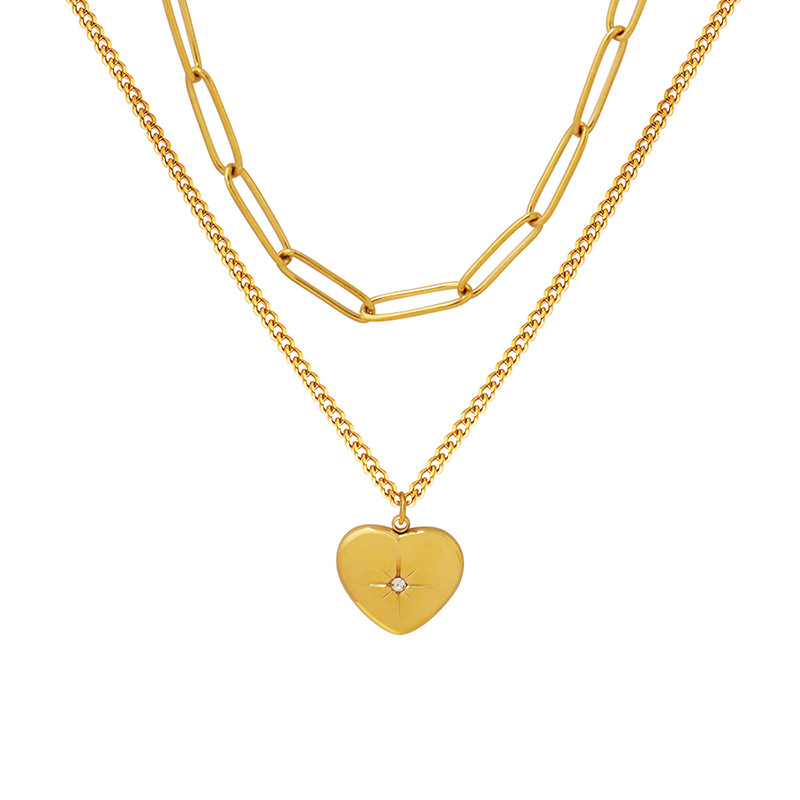 European Jewelry Double Layered Heart Star Pendant Necklace with Zircon 18K PVD Gold Plated Ins Style Choker