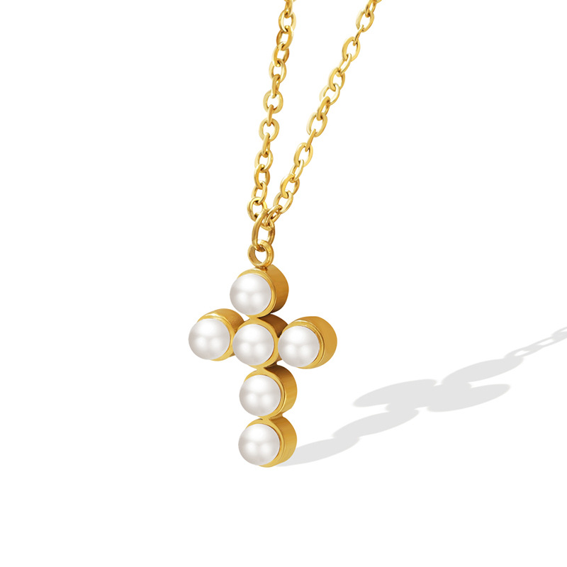 French Imitation Pearl Cross Pendant Necklace Fashionable Versatile Choker Jewelry Wholesale