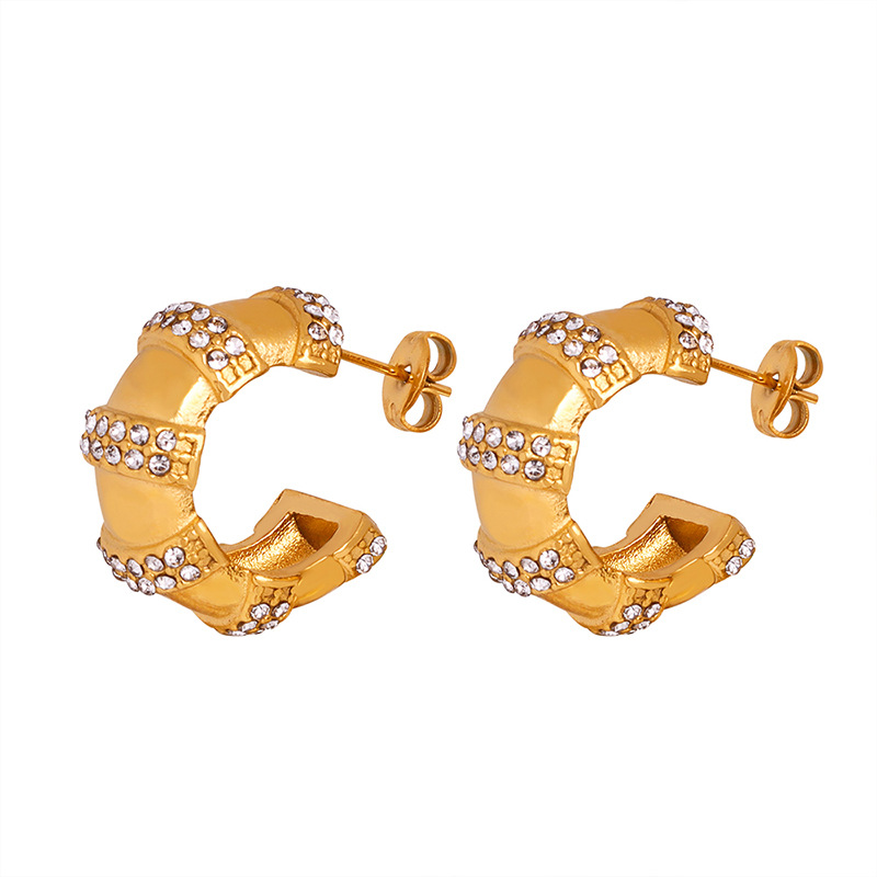 European new design titanium steel electroplated zircon C-shaped earrings vintage non-tarnish lightweight jewelry