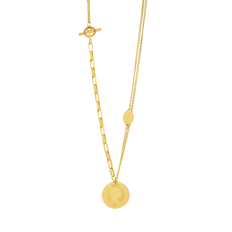 Ins Style Spliced Chain Human Portrait Round Pendant Necklace OT Clasp Design Titanium Steel 18K PVD Gold Plated Jewelry