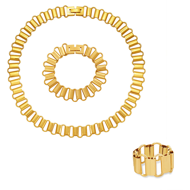European Ins Cold Minimalist Hollow Geometric Ring Necklace Bracelet Set Titanium Steel 18K PVD Gold Plated Jewelry