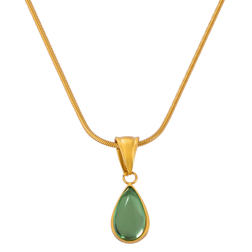 French Retro Olive Green Blue Teardrop Pendant Necklace Non-Fading Love Jewelry