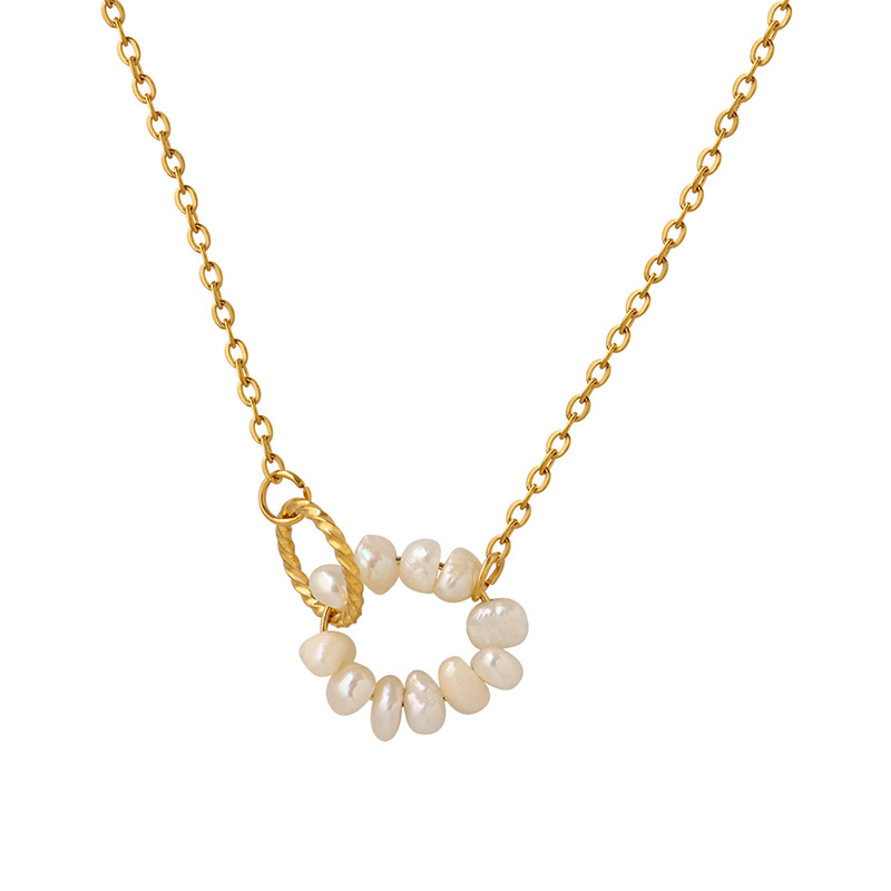 European Retro Round Oval Freshwater Pearl Pendant Necklace Titanium Steel 18K PVD Gold Plated Choker Factory Direct Sale