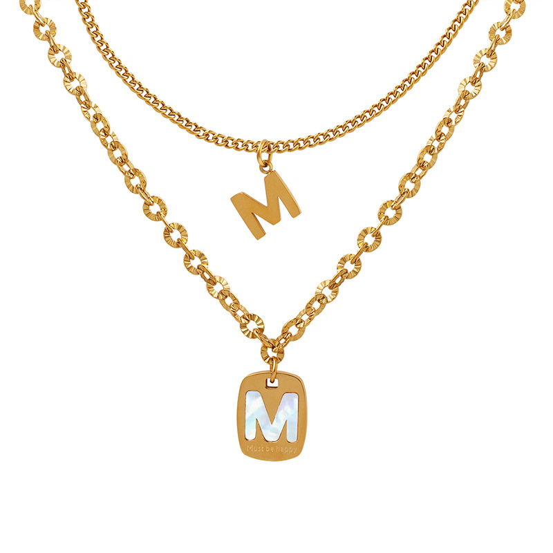 Trendy Style Korean Inspired Influencer Necklace Titanium Steel Gold Plated with White Shell Letter M Pendant Double Layered