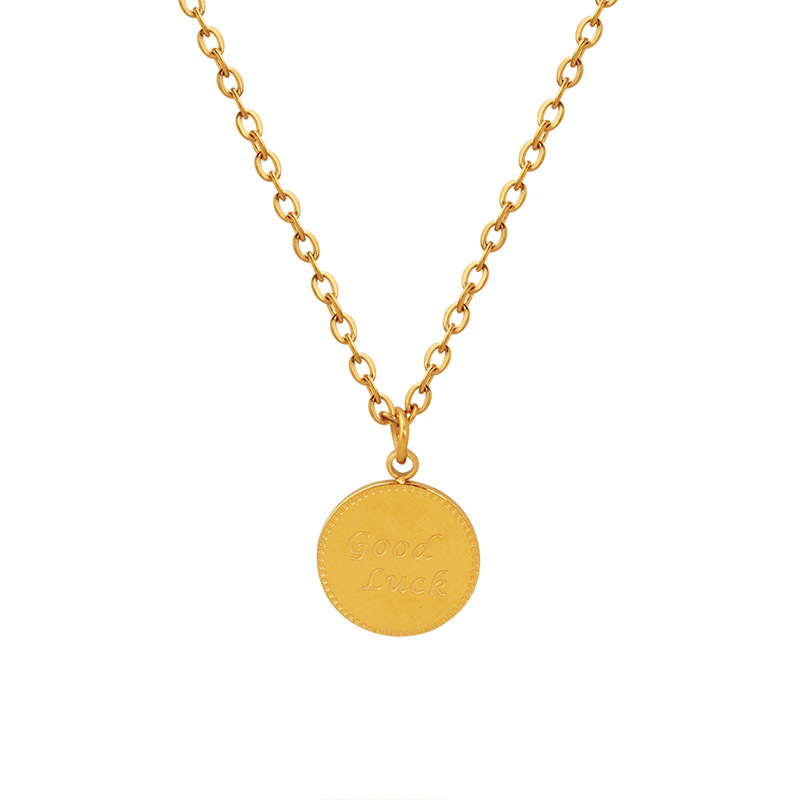 Little Lucky Corner of Love Wave Pattern Round Pendant Good Luck Letter Pendant Titanium Steel 18K PVD Gold Plated Necklace