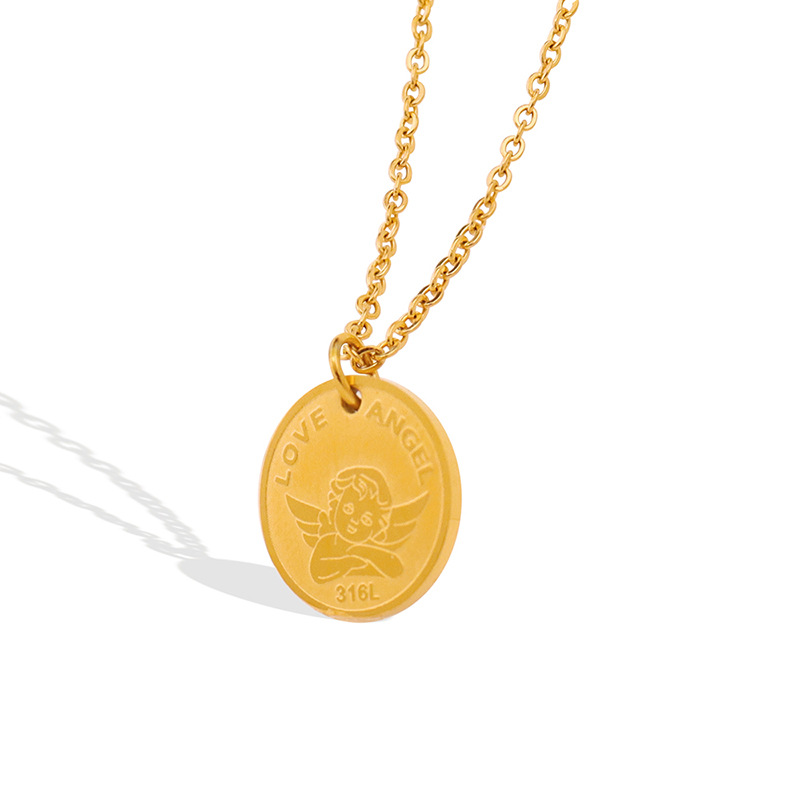 European Style Stainless Steel Angel Round Pendant Necklace Titanium Steel 18K PVD Gold Plated Geometric Choker Jewelry