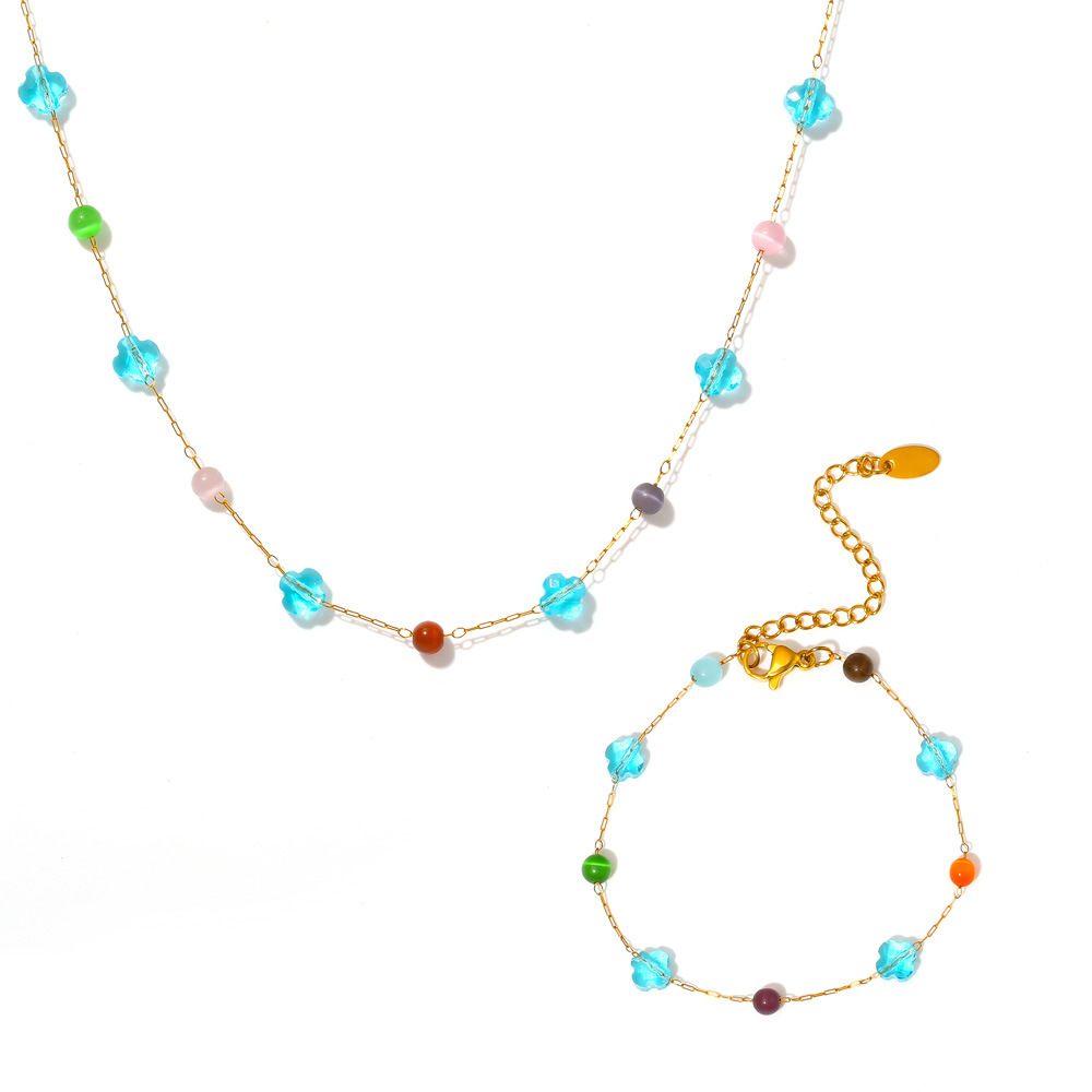 European Ins Style Multicolor Natural Stone Choker Necklace Bracelet Set Stainless Steel Handmade Dopamine Jewelry for Women