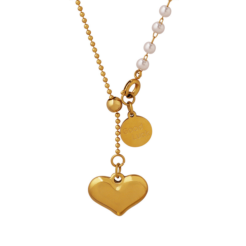 Round Heart Pendant Necklace Tassel Choker Chain Titanium Steel 18K PVD Gold Plated Vintage Imitation Pearl Necklace