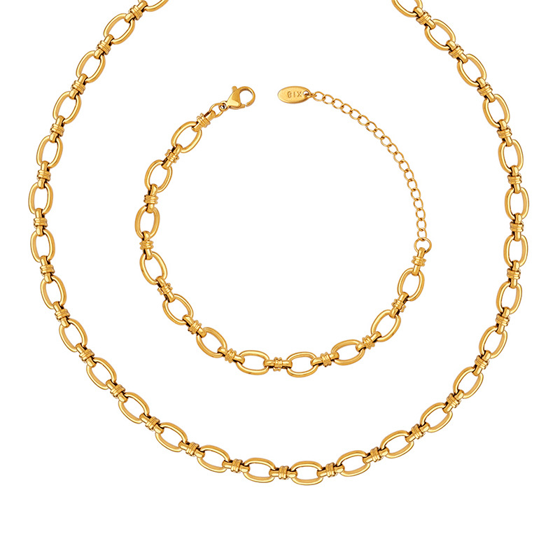 European Simple Chain Links Linked Chunky Necklace Bracelet Titanium Steel 18K PVD Gold Plated Hip-Hop Fashion Jewelry Set