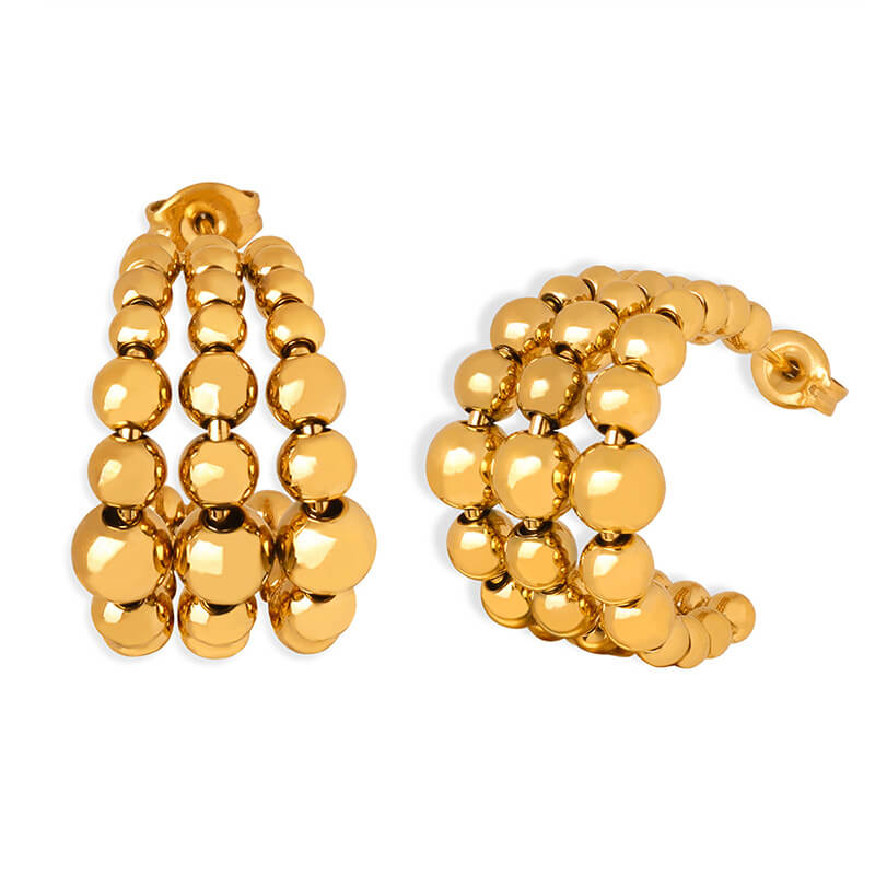 European C-shaped half-round triple-layer steel bead earrings titanium steel 18k PVD gold plated niche earrings