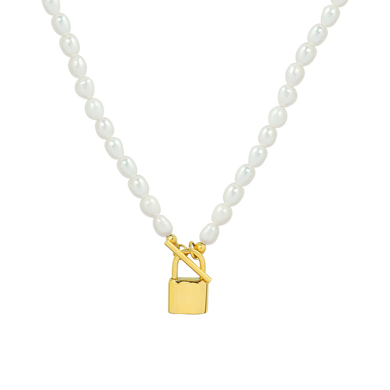 European Ins Cold Minimalist Freshwater Pearl OT Clasp Lock Necklace Titanium Steel 18K PVD Gold Plated Jewelry