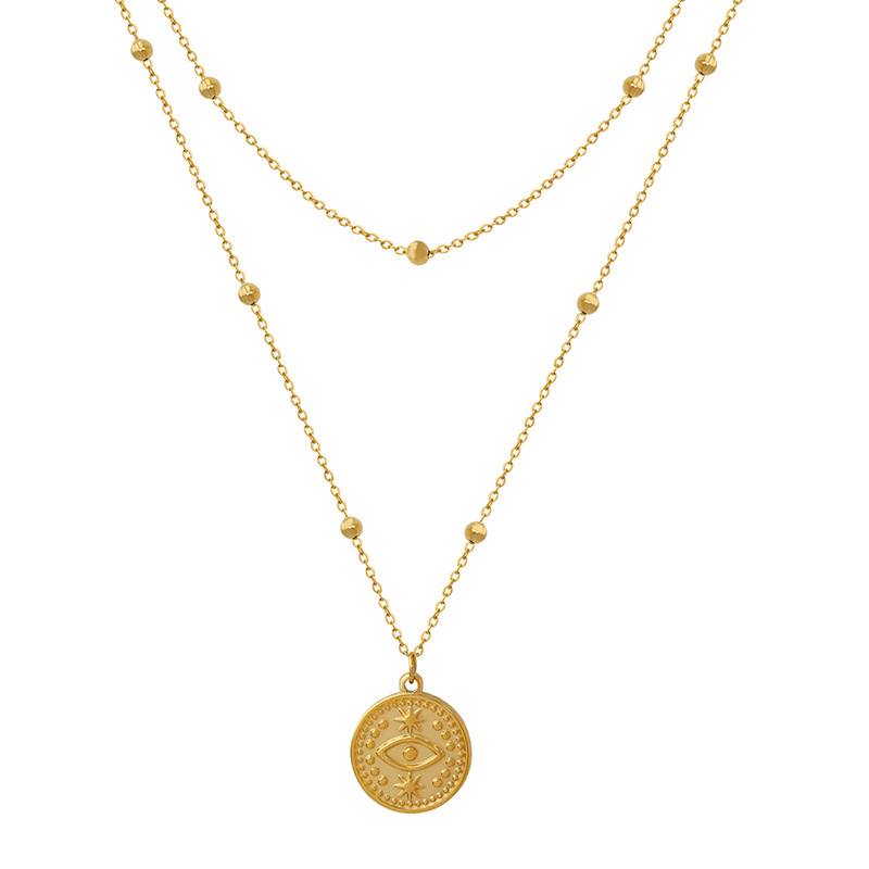 French Retro Pendant Necklace Bead Necklace Sexy Girl Accessories 18K PVD Gold Plated Single Eye Double Layer Necklace