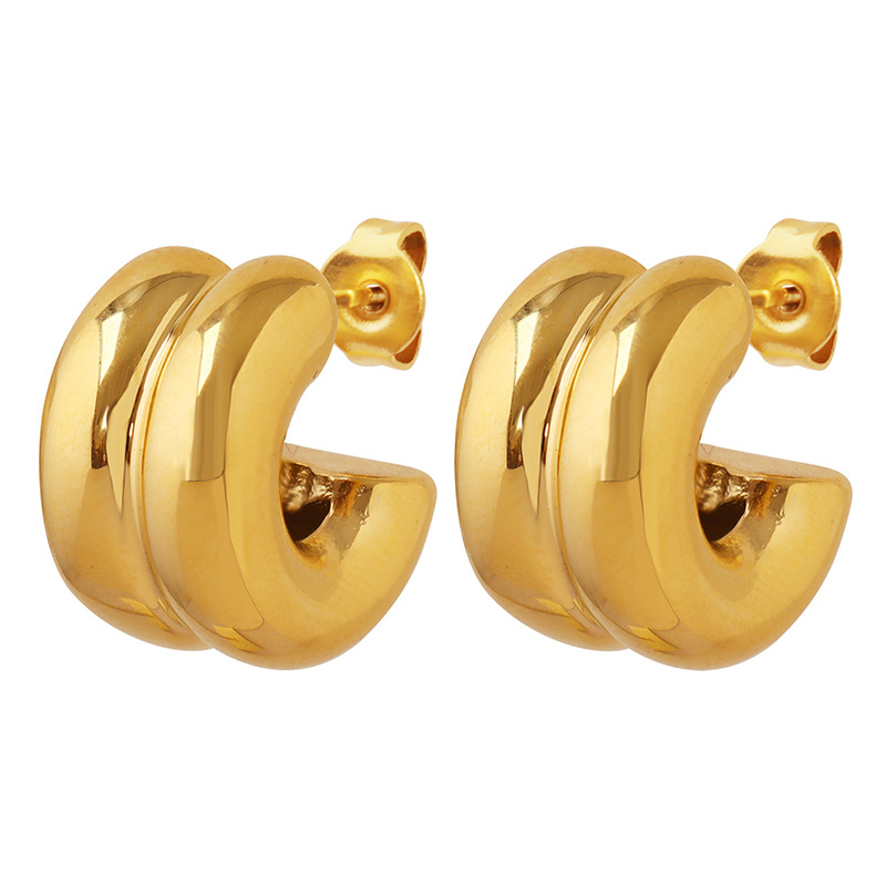 Double Layer C Shaped Half Hoop Earrings 18K Gold PVD Plated Stainless Steel Minimalist Vintage Style