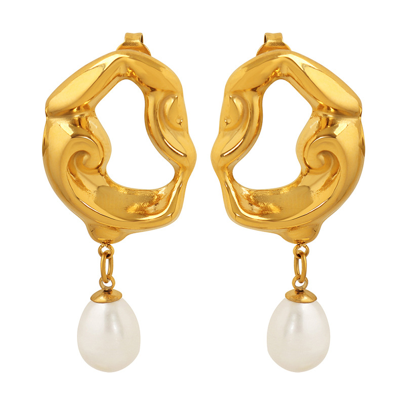 French Vintage Lava Hollow Earrings with Freshwater Pearl 18K Gold PVD Plated Stainless Steel Jewelry