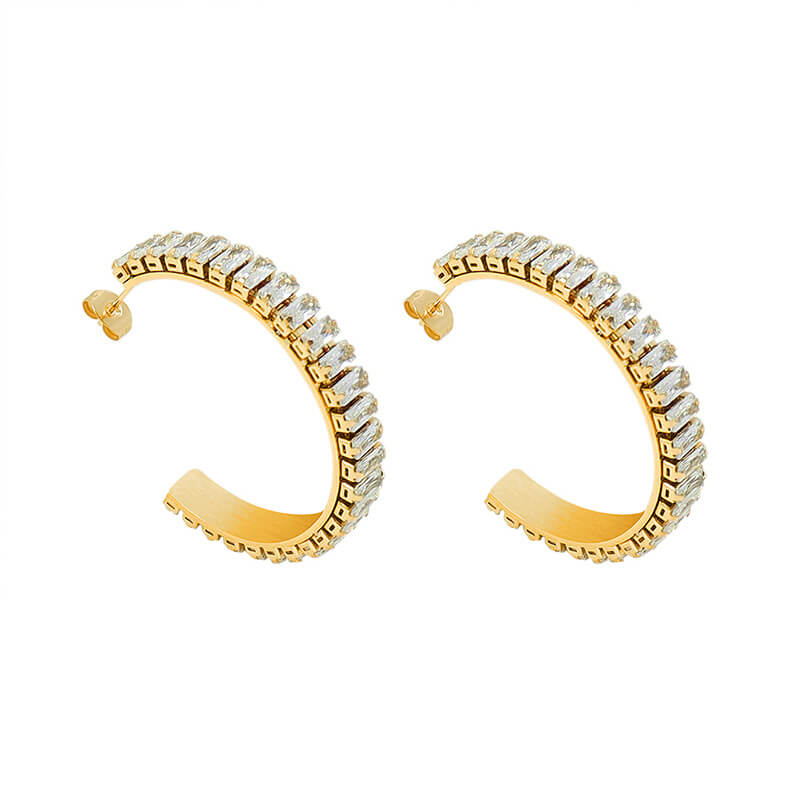 French Minimalist Exaggerated C Shaped Zircon Earrings 18K Gold PVD Plated Stainless Steel Vintage Style