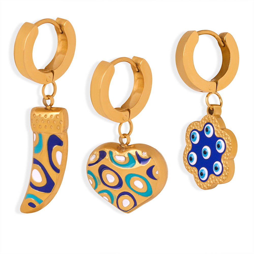 European cross-border new vintage ethnic titanium steel 18k PVD gold plated creative geometric enamel earrings