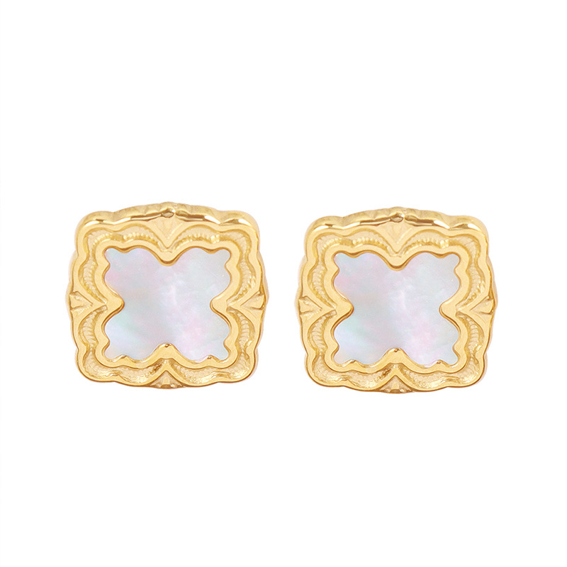 European vintage square white shell stud earrings lightweight niche titanium steel 18k PVD gold plated earrings