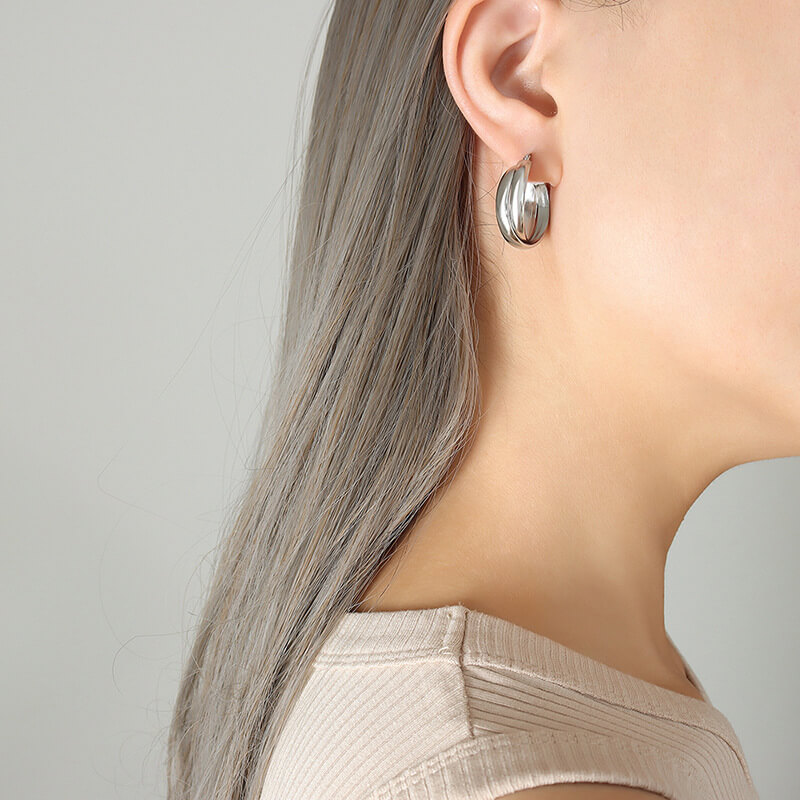 European INS Minimalist Dual Tone U Shaped Earrings 18K Gold PVD Plated Stainless Steel - Image 4
