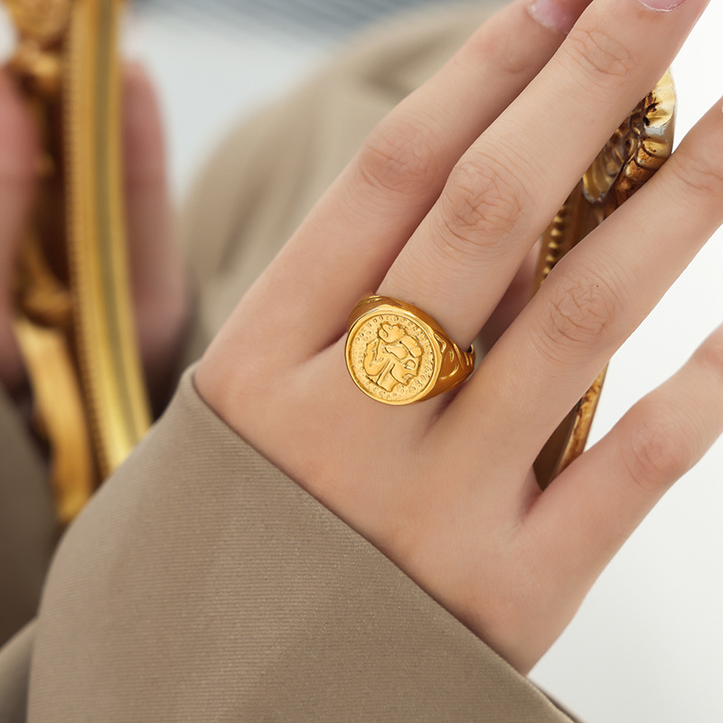 INS Cool Minimalist Geometric Relief Texture Titanium Steel Gold Plated Ring - Image 5