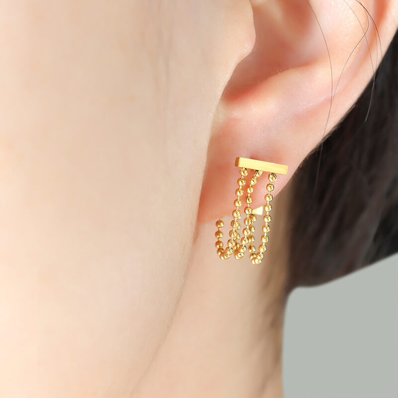 Cross-border hot-selling triple bead tassel earrings titanium steel 18k PVD gold plated trendy niche jewelry wholesale - Image 2
