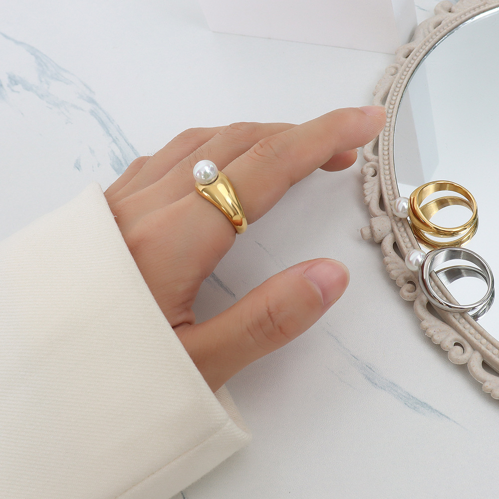 French Ins Style Small Designer Imitation Pearl Ring Titanium Steel 18K PVD Gold Plated Stackable Finger Ring for Women - Image 2
