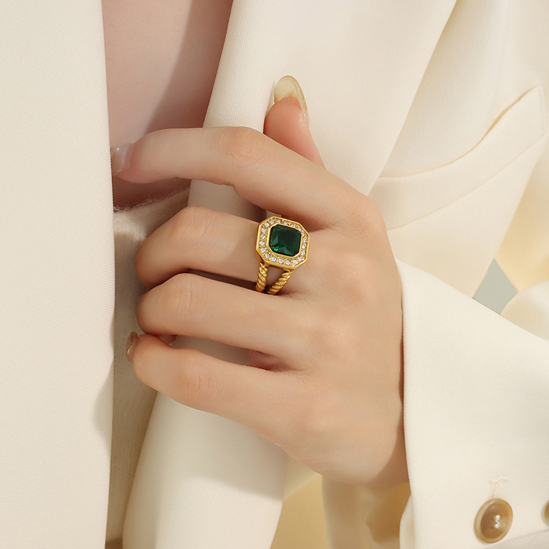 Hip-Hop Bold Fashionable Geometric Ring Inlaid with Purple Zircon and Green Crystal Titanium Steel 18K PVD Gold Plated - Image 4