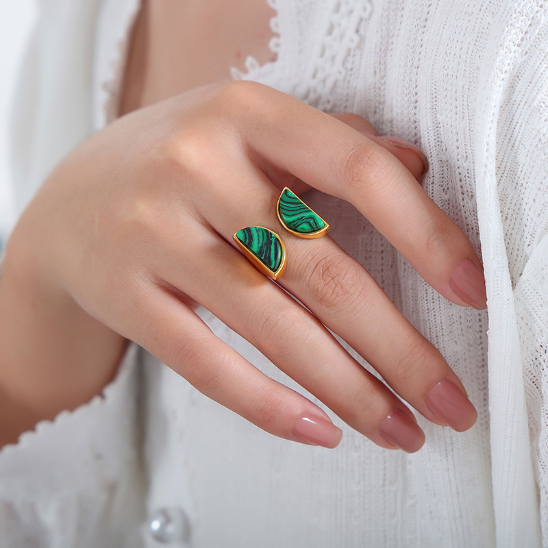Retro Luxury Double Semi-Circle Open Ring Natural Peacock Green Turquoise Titanium Steel 18K PVD Gold Plated Jewelry for Women - Image 5