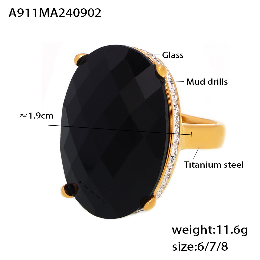 European Oval Stick CZ Large Glass Ring Titanium Steel 18K PVD Gold Plated Finger Ring Vintage Luxury Hand Jewelry - Image 5