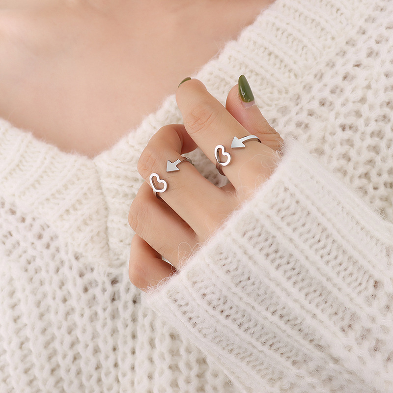 European Cold Minimalist Arrow Heart Open Adjustable Ring with Titanium Steel 18K PVD Gold Plated Jewelry - Image 6