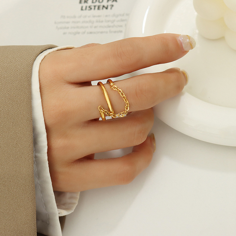 European Vintage Minimalist Double Layer Finger Ring with Small Chain for Women Titanium Steel 18K PVD Gold Plated - Image 4
