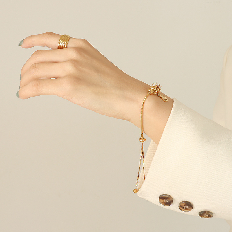 Trendy Zircon Pull-Button Bracelet 18K PVD Gold Plated Titanium Steel Jewelry for Women - Image 5