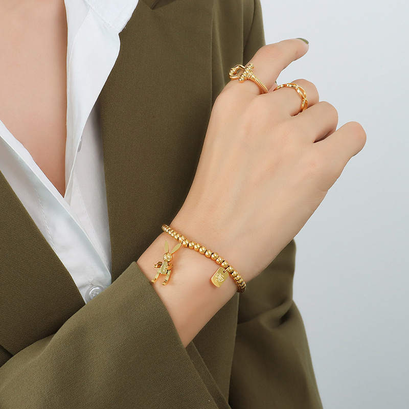 Minimalist Luxe Rabbit Design Titanium Steel Bracelet 18K PVD Gold Plated Elastic Bead Bracelet Jewelry - Image 6