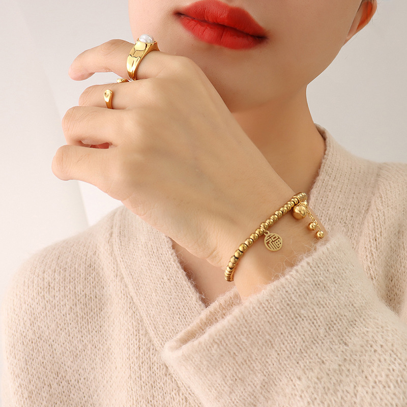 Chinese-Inspired Fook Lucky Bead Bracelet for Women 18K PVD Gold Plated Titanium Steel - Image 5