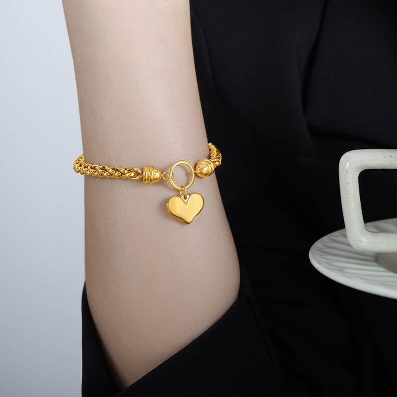 Geometric Chain Bracelet with Heart Pendant 18K PVD Gold Plated Titanium Steel Elegant Design Jewelry - Image 5