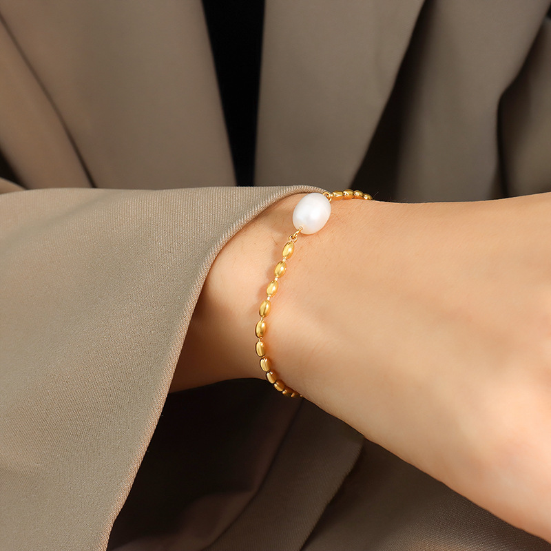 Freshwater Pearl Bead Chain Bracelet Unisex Trendy 18K PVD Gold Plated Titanium Steel for Friends - Image 5