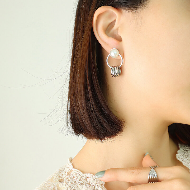 European retro double hoop pearl drop earrings titanium steel 18k PVD gold plated lightweight earrings wholesale - Image 3